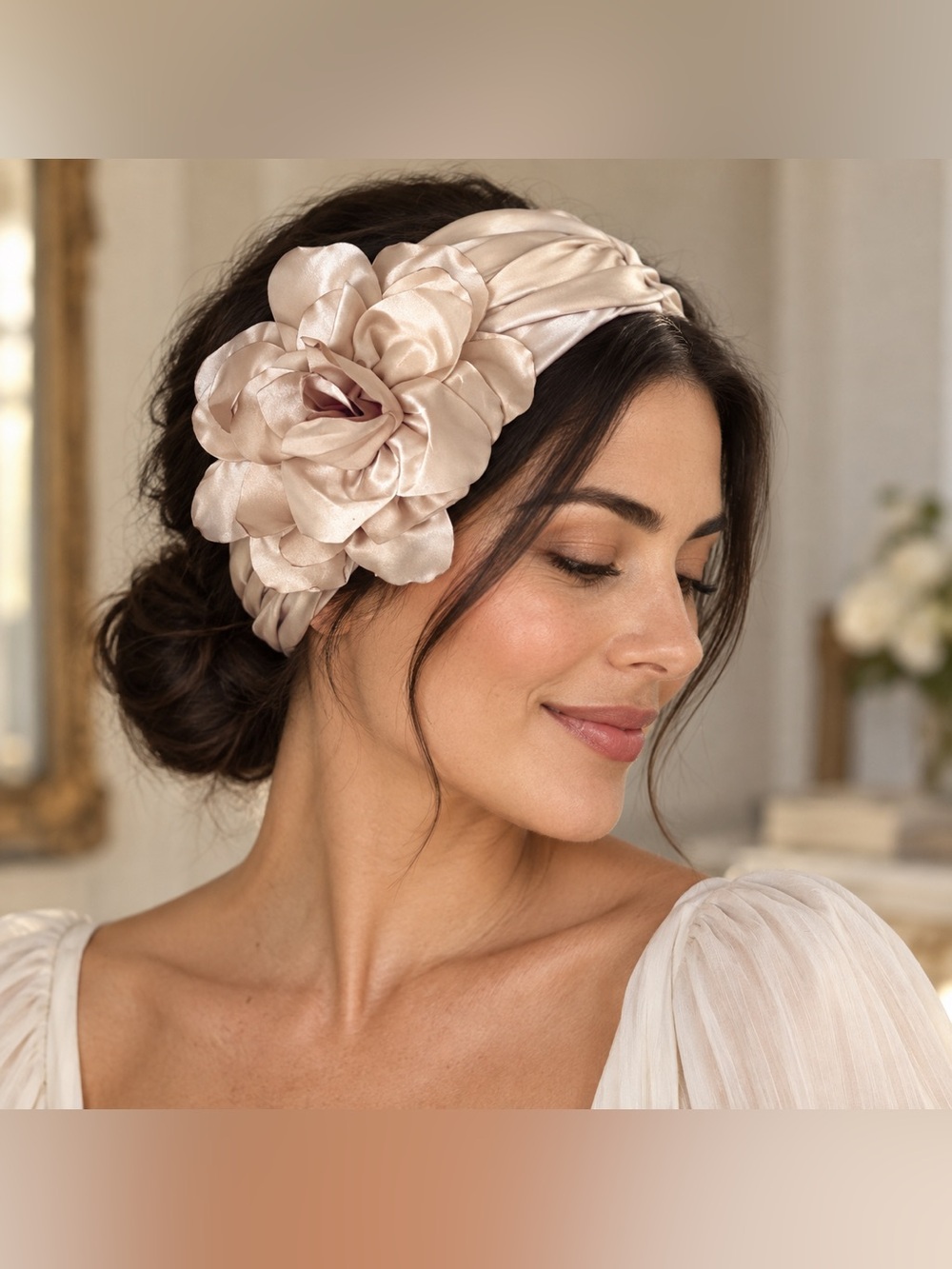 Anthropologie Champagne Satin Flower Headband Hair Wrap NWT
